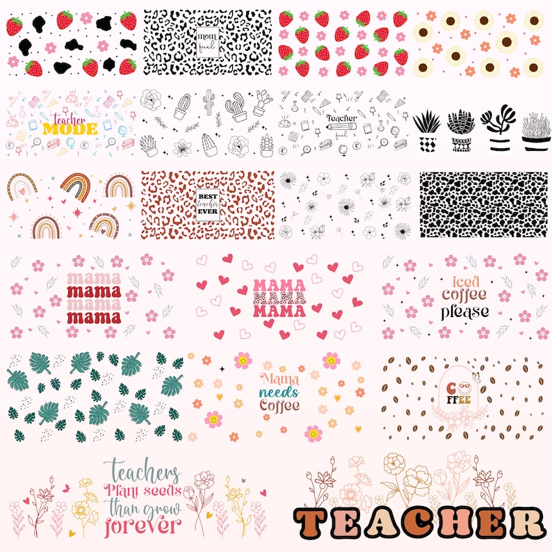 K&ouml;nnte beinhalten: Eine digitale Collage aus 16 verschiedenen Designs mit verschiedenen Mustern, Texten und Illustrationen. Die Designs beinhalten ein Erdbeermuster, einen Leopardenprint, ein Kaktusmuster, ein Blumenmuster, ein Regenbogenmuster, ein Herzmuster, ein Kaffeemuster und ein Lehrer-Design. Der Text in den Designs umfasst "Lehrermodus", "Bester Lehrer aller Zeiten", "Mama Mama Mama Mama", "Eiskaffee bitte", "Mama braucht Kaffee" und "Lehrer pflanzen Samen, die f&uuml;r immer wachsen".