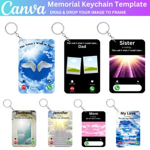 30 Paquete de plantillas editables de Canva de llavero conmemorativo, llavero de teléfono personalizado, llavero en memoria amorosa, la llamada que desearía poder hacer