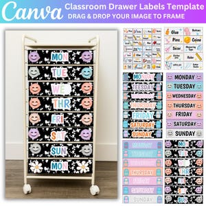 Plantilla de decoración para cuaderno de composición, etiquetas editables de Canva para cajones de aula, etiquetas para carritos con ruedas de 10 y 12 cajones, organizador de útiles escolares