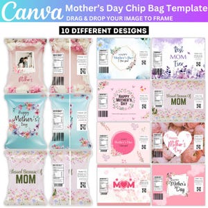Paquete de 10 bolsas de papas fritas editables en Canva para el Día de la Madre, plantilla de Canva para el Día de la Madre, etiqueta floral para bolsas de papas fritas, bolsa de papas fritas personalizada para fiestas