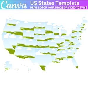 May include: A map of the United States with each state outlined in green and filled with a blue sky and white clouds. The map is on a white background.