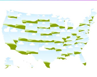May include: A map of the United States with each state outlined in green and filled with a blue sky and white clouds. The map is on a white background.