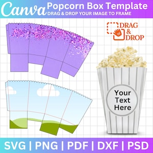 Puede incluir: Plantilla de caja de palomitas con una variedad de diseños. La imagen incluye un recipiente de palomitas de maíz terminado lleno de palomitas de maíz y plantillas de cajas planas y desplegadas. El texto incluye "Canva Popcorn Box Template" y "Drag & Drop".