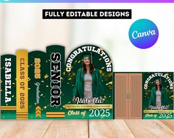Green Graduation Book Decor Canva Editable Template, Graduation Panel Board, Yellow Grad Backdrop Arch Foam Board, Floor Wrap Decor Set
