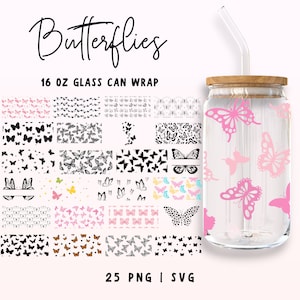 16 onças borboletas Libbey Glass Wrap SVG, pacote borboleta svg, vidro pode embrulhar svg, envoltório completo png, impressão de borboletas, arte de linha de borboletas