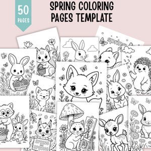 春の塗り絵50ページセット（印刷可能）、子供向けアクティビティシート、花と庭の塗り絵、子供向け春のアートをすぐにダウンロード