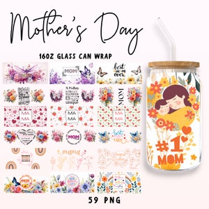 59 Blessed Mama 16oz Libbey-Glasdose, Blumenverpackung zum Muttertag, Mama-Schmetterlingsblume aus Milchglas, florale Mama-Designs, PNG-Muttertagsgeschenk
