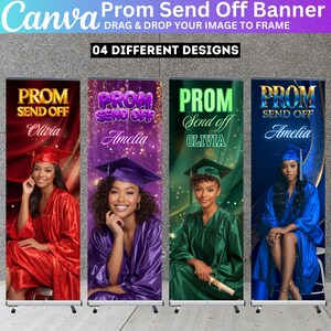 May include: Prom send-off banners with four different designs. Each banner features a graduate in a cap and gown, with the text "Prom Send Off" and a name. The banners are in red, purple, green, and blue.