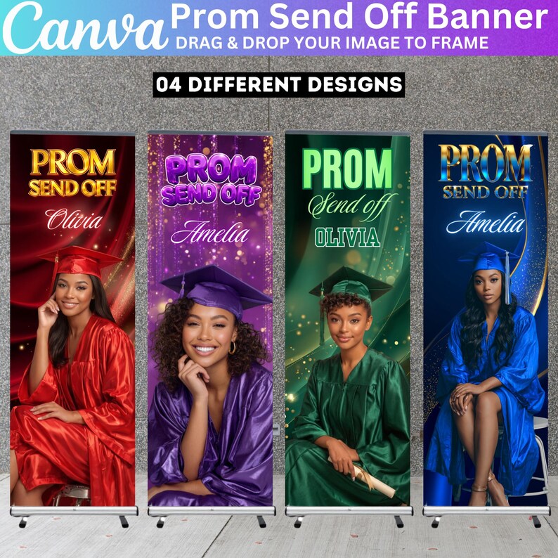 May include: Prom send-off banners with four different designs. Each banner features a graduate in a cap and gown, with the text "Prom Send Off" and a name. The banners are in red, purple, green, and blue.