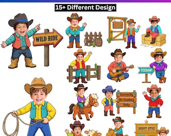 15+ Cowboy Kids Add Face Bundle, Cowboy Kids Add Face Canva Designs, Cowboy Photo Craft, Rodeo Classroom Decor, Western Kids Printable