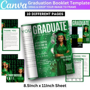 May include: A graduation booklet template with a green and white design. The cover features a graduate in a green gown and cap, with text that reads "Graduate Class of 2025." The booklet is 8.5 x 11 inches.