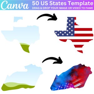 Op de afbeelding: Een sjabloon voor het maken van een ontwerp met de omtrek van de staat Texas. De sjabloon bevat twee versies van de omtrek van de staat: een met een blauwe en groene gradi&euml;nt en een met de Amerikaanse vlag. De tekst "50 US States Template" en "Drag & Drop Your Image or Video to Fame" wordt boven de afbeeldingen weergegeven.