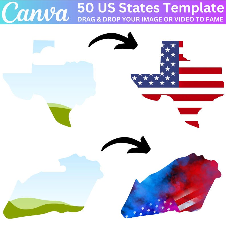 Op de afbeelding: Een sjabloon voor het maken van een ontwerp met de omtrek van de staat Texas. De sjabloon bevat twee versies van de omtrek van de staat: een met een blauwe en groene gradi&euml;nt en een met de Amerikaanse vlag. De tekst "50 US States Template" en "Drag & Drop Your Image or Video to Fame" wordt boven de afbeeldingen weergegeven.