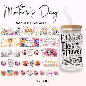 Gesegnete Mama 16oz Libbey Glasdose, Blumenverpackung zum Muttertag, Mama Schmetterlingsblume Milchglas, Floral Mom Designs Png, Muttertagsgeschenk