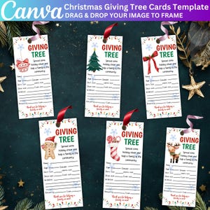 May include: Christmas Giving Tree cards template with red ribbon. Each card features the text "GIVING TREE" and space to fill in details like name, age, and wishlist. The cards have festive illustrations of a Christmas tree, gingerbread man, and other holiday elements.