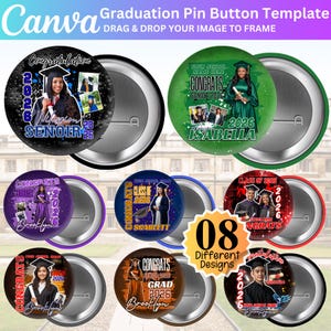 May include: Eight graduation pin button designs are shown. Each button features a graduate's photo, the year 2026, and the word "Congrats" or "Congratulations". The buttons have different colour schemes and designs.