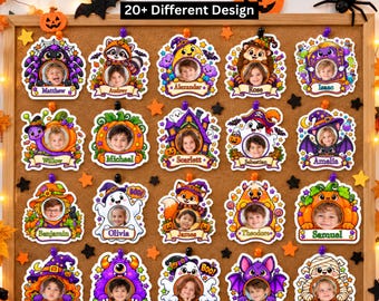 20+ Halloween Add Photo Sticker Bundle, Add Your Own Face Designs, Editable Canva Frames, Halloween Classroom Decor Bulletin Board Printable