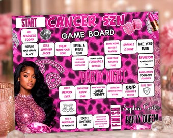 Juego de mesa rosa para cumpleaños de la temporada de Cáncer, juego de cumpleaños editable con estampado de guepardo en Canva, actividad de astrología para cumpleaños, tabla para beber de la temporada de Cáncer