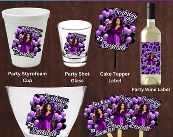 Modèles de fête d'anniversaire mauves modifiables Canva, modèle de tasse de fête d'anniversaire, chemises d'anniversaire, éventails, tasses, casquette, anniversaire numérique thème guépard