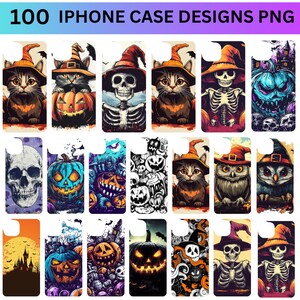 以下が含まれることがあります： ハロウィーンをテーマにしたiPhoneケースのデザイン100点。デザインには、骸骨、カボチャ、猫、フクロウ、その他の不気味なイメージが含まれています。