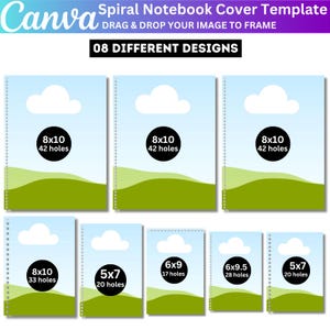 Pode incluir: Um modelo de capa de caderno espiral Canva com oito designs diferentes apresentando um céu azul claro, nuvens brancas e colinas verdes. Cada modelo inclui um círculo preto com texto indicando as dimensões em polegadas e a contagem de furos.
