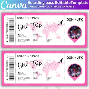 Bearbeitbare Bordkartenvorlage, Mädchenreise-Flugticket, Canva bearbeitbare Bordkarte Überraschungsreiseticket, DIY-Bordkarte digital