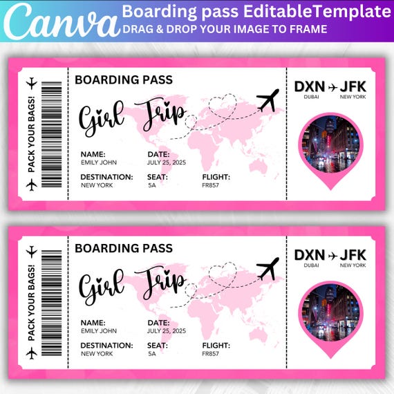 Editable Boarding Pass Template, Girl Trip Airline Ticket, Canva Editable Boarding Pass Surprise Trip Ticket, DIY Boarding Ticket Digital