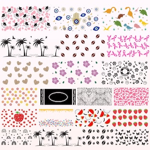 K&ouml;nnte beinhalten: Ein digitales Blatt mit 16 verschiedenen Mustern und Designs. Die Muster umfassen eine Vielzahl von Themen wie Tiere, Essen und Symbole. Die Designs sind in Schwarz, Wei&szlig;, Rosa, Blau, Gr&uuml;n, Gelb und Rot.