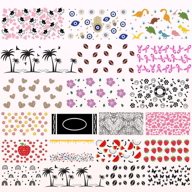 K&ouml;nnte beinhalten: Ein digitales Blatt mit 16 verschiedenen Mustern und Designs. Die Muster umfassen eine Vielzahl von Themen wie Tiere, Essen und Symbole. Die Designs sind in Schwarz, Wei&szlig;, Rosa, Blau, Gr&uuml;n, Gelb und Rot.