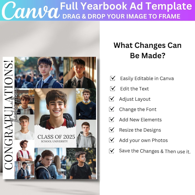 May include: A collage of photos of young men in various poses, with the text "CONGRATULATIONS!" in a black and white font on the left side of the image. The text "CLASS OF 2025 SCHOOL UNIVERSITY" is in the center of the image. The text "What Changes Can Be Made?" is on the right side of the image, with a list of checkboxes and text describing the changes that can be made to the template.