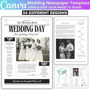 May include: A Canva wedding newspaper template with four different designs. The main design is a black and white newspaper layout with the headline "WEDDING DAY Are Getting Married." Includes a photo of the wedding party and wedding details.