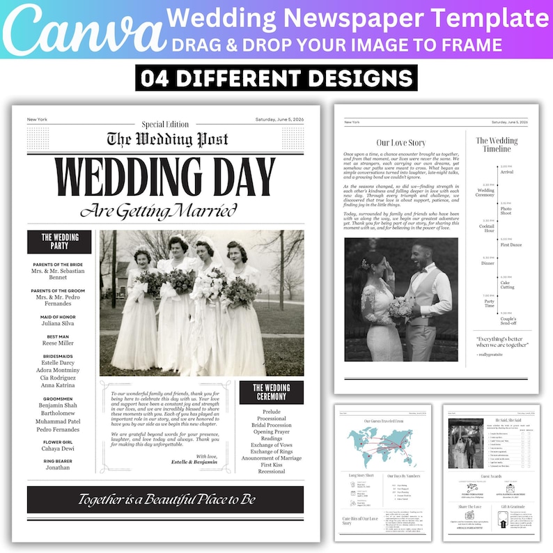May include: A Canva wedding newspaper template with four different designs. The main design is a black and white newspaper layout with the headline "WEDDING DAY Are Getting Married." Includes a photo of the wedding party and wedding details.