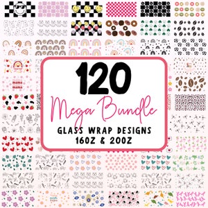 Op de afbeelding: Een collage van 120 verschillende ontwerpen voor 16 oz en 20 oz glazen verpakkingen. De ontwerpen omvatten verschillende patronen, zoals regenbogen, harten, koffiebonen en smiley-gezichten.