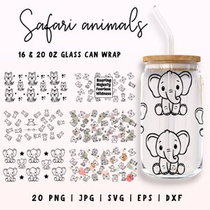 Vidro de animais fofos de safari pode embrulhar, vidro Libbey de elefante, 16 onças e 20 onças Animals Libbey Svg, lata de vidro Kawaii, envoltório de vidro de urso, vidro de lata completo