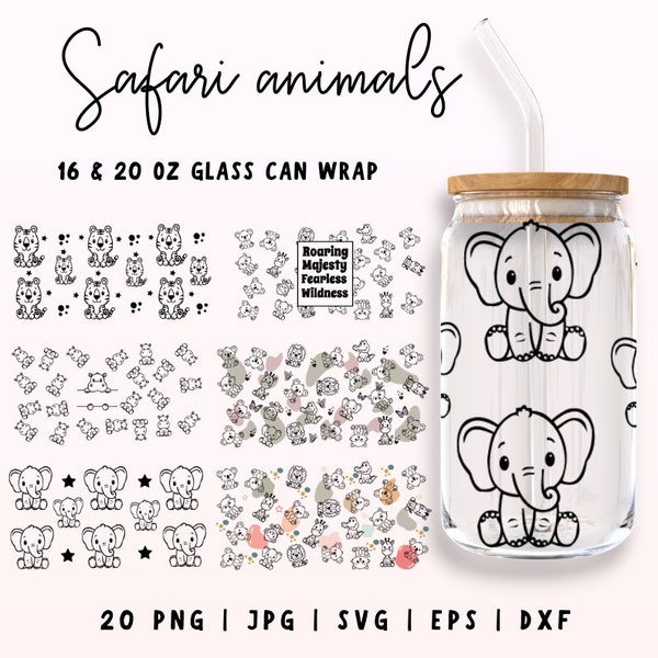 Cute Safari Animals Glass Can Wrap, Elephant Libbey Glass, 16oz & 20oz Animals Libbey Svg, Kawaii Glass Can, Bear Glass Wrap, Full Can Glass