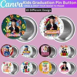 May include: Ten graduation pin badges with different designs. Each badge displays a child's photo, the text "Class of 2026", and a name. The badges have a silver metallic border and a pin fastening on the back.
