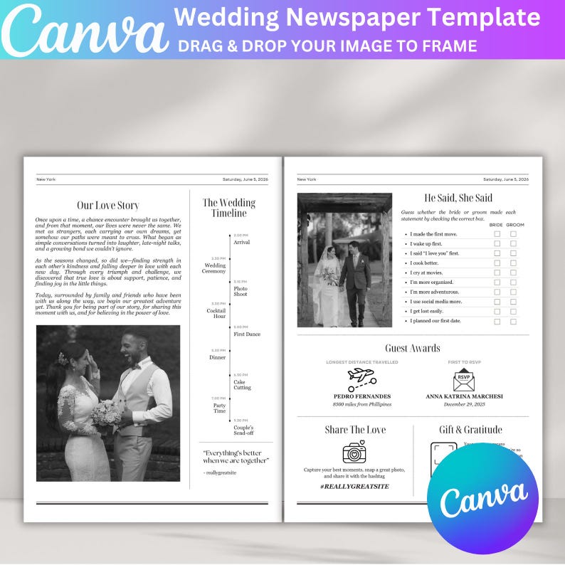 May include: A wedding newspaper template with a black and white design. The template includes sections for "Our Love Story," "The Wedding Timeline," and "He Said, She Said." The Canva logo is visible in the top left and bottom right corners.
