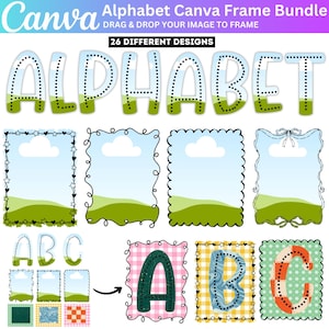 Op de afbeelding: Een Canva Alphabet Frame Bundle-afbeelding met 26 verschillende ontwerpen. De afbeelding toont het woord "ALPHABET" in een bubbelletterstijl, samen met verschillende frame-ontwerpen en lettervoorbeelden. De frames hebben een lucht- en grasachtergrond.