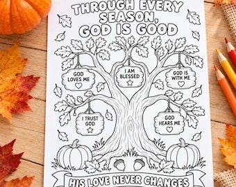 Fall for Jesus Coloring Page for Kids, Through Every Season God Is Good, Christian Autumn Printable, Sunday School Bible Activity, Digital
