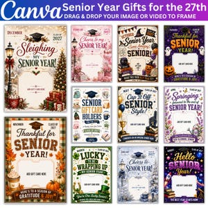 May include: A digital collection of twelve printable gift card holder templates for the class of 2027, featuring seasonal themes like winter, autumn, spring, and summer with graduation caps, festive decorations, and blank spaces for gift cards.