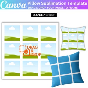 Puede incluir: Una plantilla de sublimación de almohada con el logotipo de Canva y el texto "Pillow Sublimation Template". La plantilla incluye un diseño de cuadrícula para la colocación de imágenes, una maqueta de almohada y el texto "DRAG & DROP". El tamaño de la hoja es de 8,5"x11" (aproximadamente 21,6 x 27,9 cm).