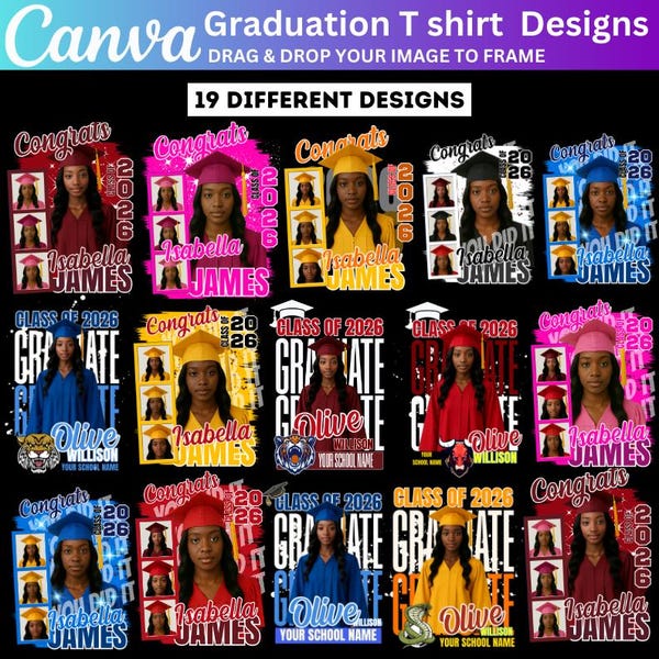 19 Grad 2026 School Shirt Sjabloonbundel, Graduate Senior Shirt, Bootleg Rap Tee 2026, 2026 Grad School Canva bewerkbaar, High School T-shirt