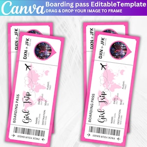 May include: Pink boarding pass template with the text "Girl Trip". The pass includes details like destination, date, flight number, and seat. The Canva logo and instructions are at the top. The destination is New York.
