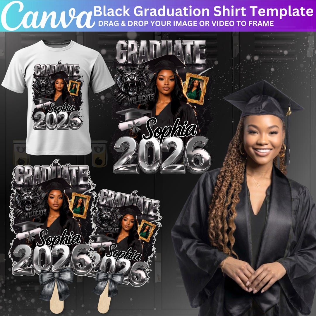 Black Graduation Party 2026 Canva Template Bundle, All Over Shirt, Pin ...