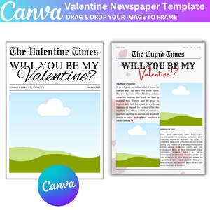 Pode incluir: Um modelo de jornal para o Dia dos Namorados com um cora&ccedil;&atilde;o vermelho e o texto "Quer ser meu Valentine?" em um fundo azul e verde. O modelo &eacute; projetado para ser personalizado com uma foto e uma mensagem.