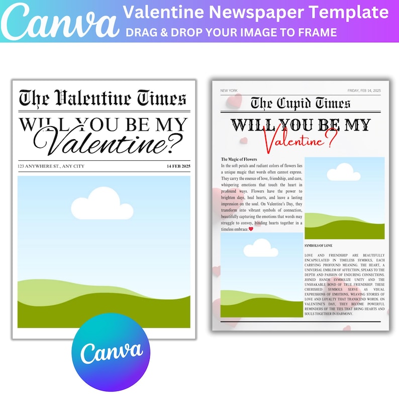 Pode incluir: Um modelo de jornal para o Dia dos Namorados com um cora&ccedil;&atilde;o vermelho e o texto "Quer ser meu Valentine?" em um fundo azul e verde. O modelo &eacute; projetado para ser personalizado com uma foto e uma mensagem.