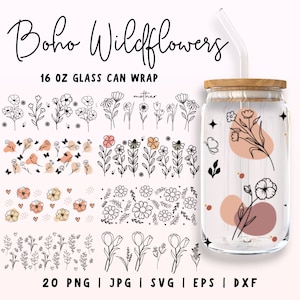 Wildflower Glass Can Wrap SVG, 16oz Wildflower Glass, Full Can Wrap, Wildflower SVG, Line Art Glass SVG, Boho Wildflower PNG-bestand voor Cricut