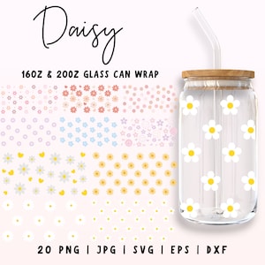 Daisy Flower Libbey Glas Bundle, Daisy Libbey Wrap, 16 Unzen & 20 Unzen Blumen Libbey SVG, Frühling Libbey SVG, Boho Gänseblümchen Dose, Cricut Silhouette