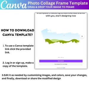 May include: A Canva Photo Collage Frame Template with instructions on how to download and use the template. The template includes a drag and drop image frame. The instructions are numbered and include steps to edit, save, and share the design.