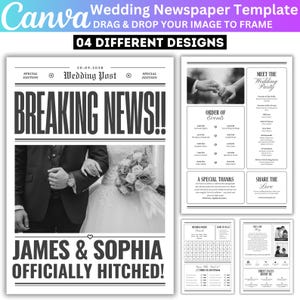 Puede incluir: Plantilla de periódico de boda en blanco y negro con el titular "BREAKING NEWS!!" y el anuncio "JAMES & SOPHIA OFFICIALLY HITCHED!". El diseño incluye secciones para el orden de los eventos y agradecimientos.